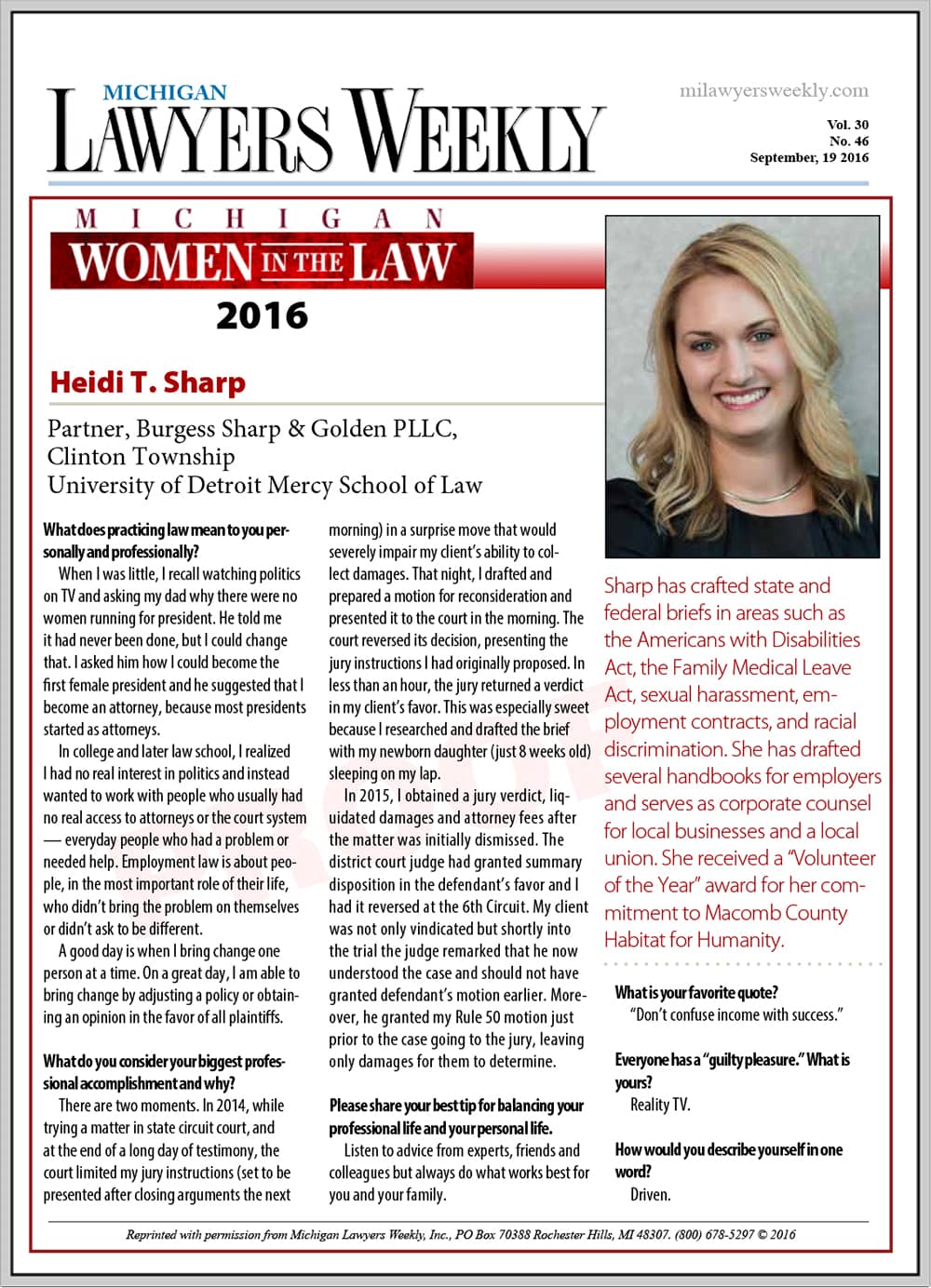 Michigan Women in the Law - Heidi Sharp